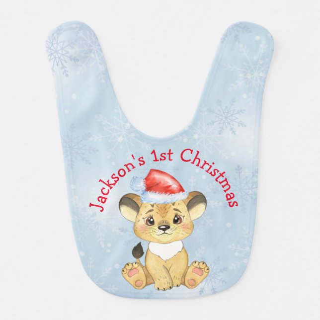 Personalized Lion 1st Christmas Baby Boy Blue  Baby Bib (Front)
