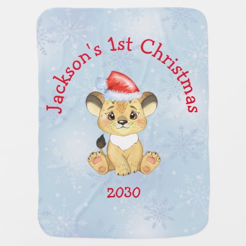 Personalized Lion 1st Christmas Baby Boy Blue Baby Blanket