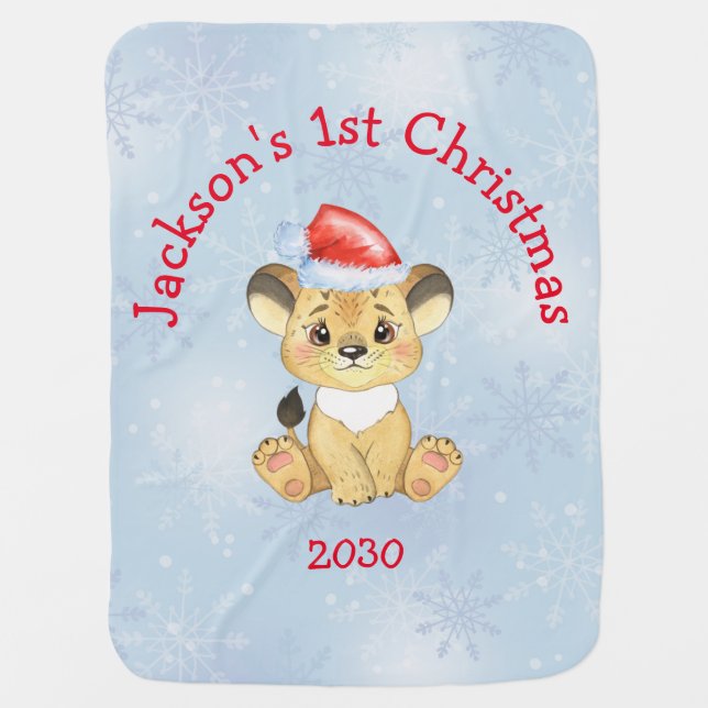 Personalized Lion 1st Christmas Baby Boy Blue Baby Blanket (Front)