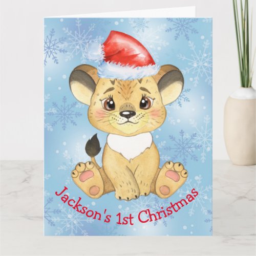 Personalized Lion 1st Christmas Baby Boy Blue Card
