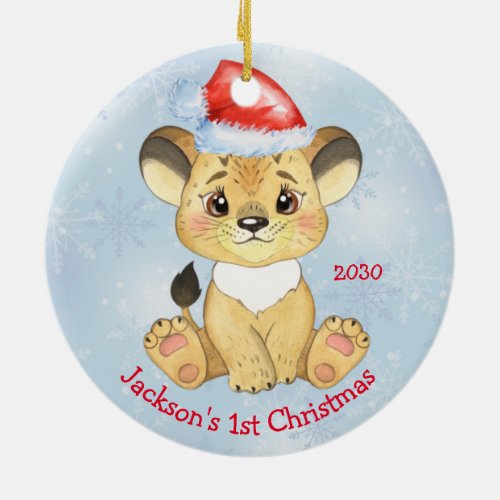 Personalized Lion 1st Christmas Baby Boy Blue Ceramic Ornament