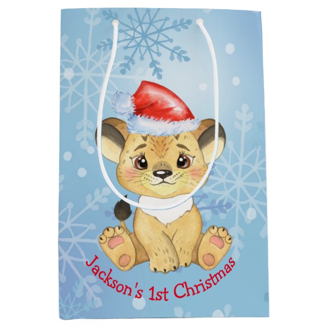 Personalized Lion 1st Christmas Baby Boy Blue  Medium Gift Bag (Front)