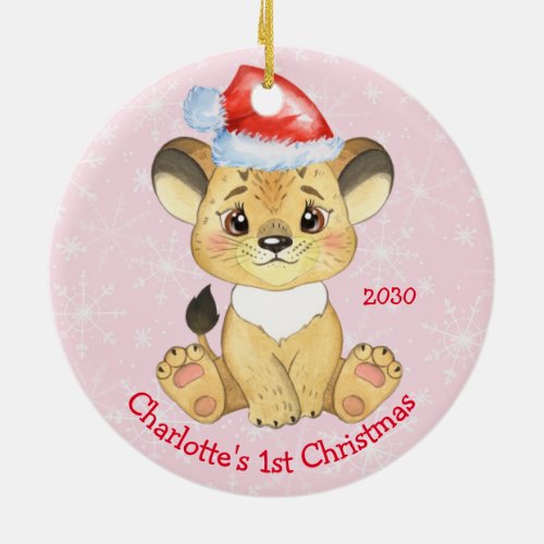 Personalized Lion 1st Christmas Baby Girl Pink Ceramic Ornament