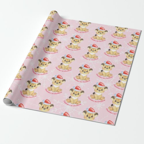 Personalized Lion 1st Christmas Baby Girl Pink Wrapping Paper
