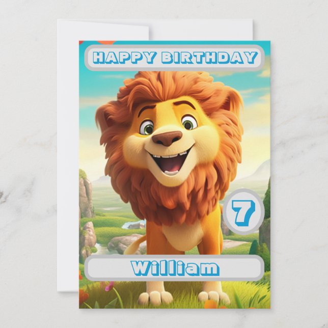 Personalized Lion Birthday Card Name Age Kids (Front)