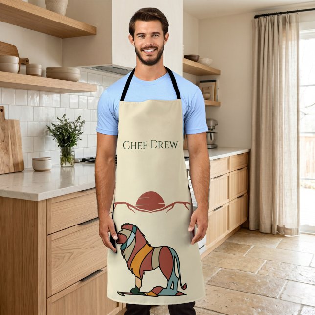 Personalized Lion Chef BBQ Apron (Custom Chef Name Lion Boho Mid Century BBQ Gift Apron)