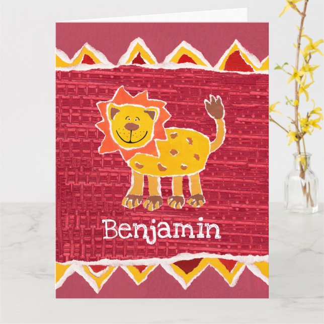 Personalized Lion Collage Print Birthday Card (Yellow Flower)