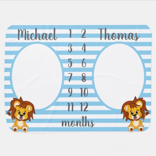 Personalized Lion Monthly Milestone Twin Boy Baby Blanket