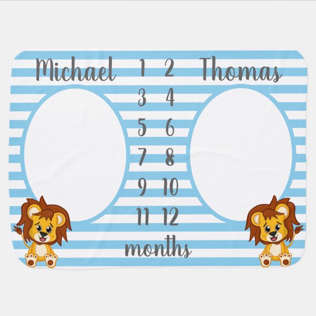 Personalized Lion Monthly Milestone Twin Boy Baby Blanket (Horizontal)