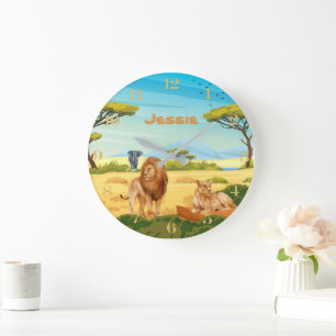 Personalized Lions on the Savannah  Large Clock
