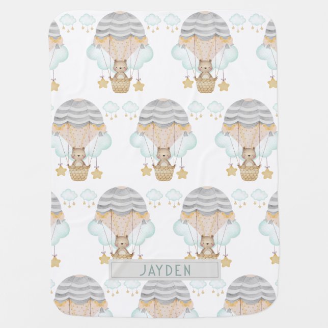 Personalized Little Bear Hot Air Balloon Nursery  Baby Blanket (Front)