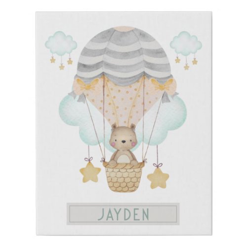 Personalized Little Bear Hot Air Balloon Nursery  Faux Canvas Print