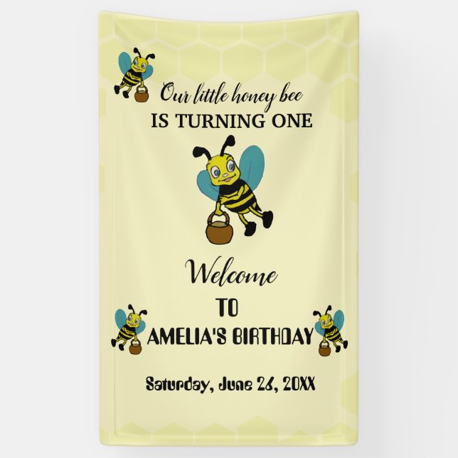 Personalized little Bee theme 1st Birthday party Banner (Vertical)