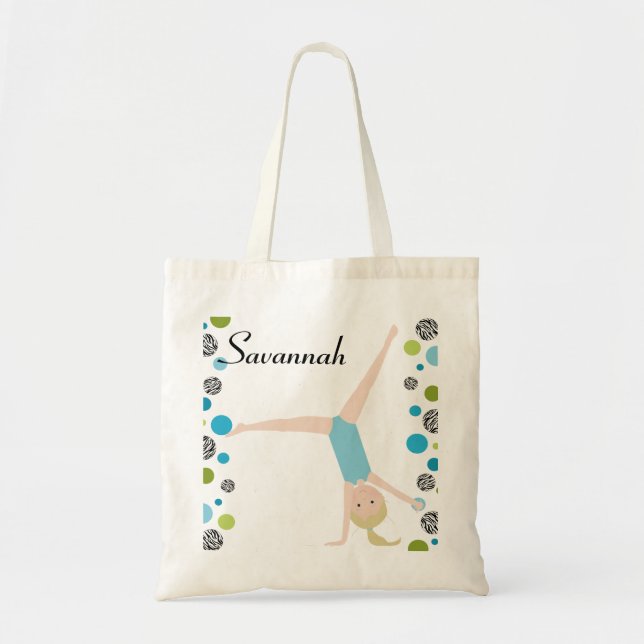 Personalized Little Blonde Gymnast in Aqua Tote Bag (Front)
