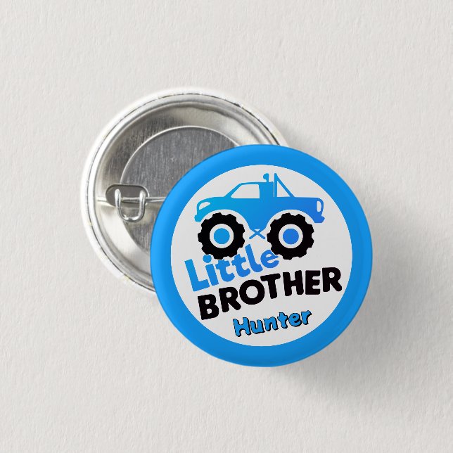Personalized Little Brother Monster Truck Blue Button (Front & Back)