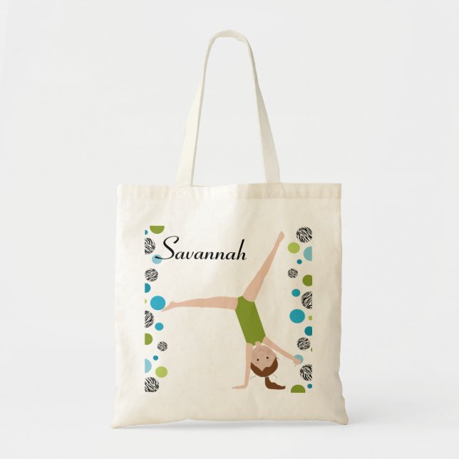 Personalized Little Brown Hair Gymnast in Green Tote Bag (Front)