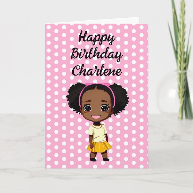 Personalized Little Cartoon Girl Pink Birthday Card (Front)