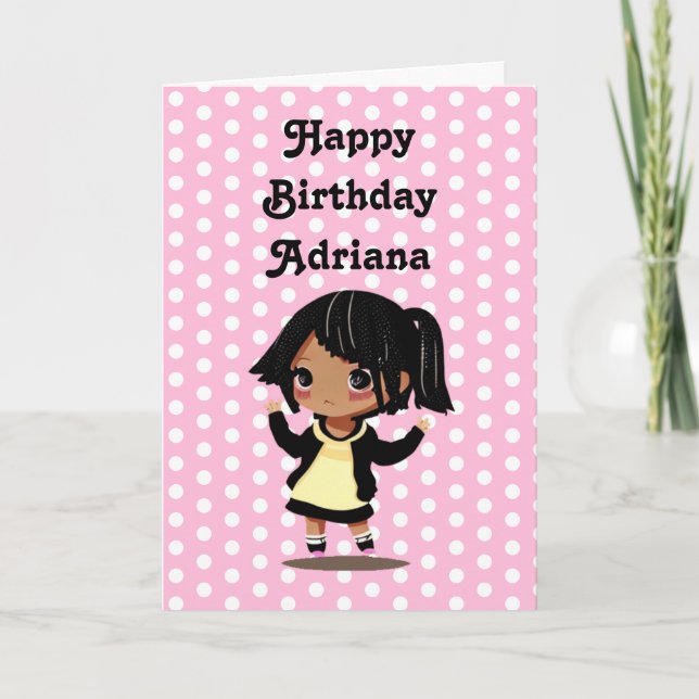 Personalized Little Cartoon Girl Pink Birthday Card (Front)