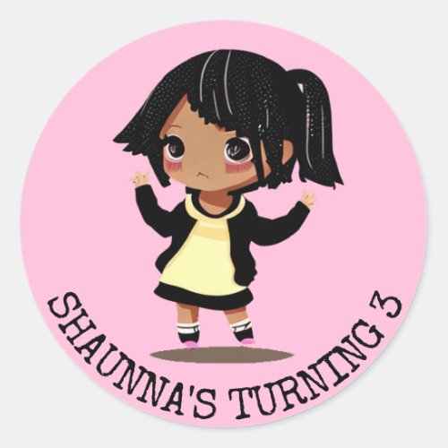 Personalized Little Cartoon Girl Pink Birthday Classic Round Sticker