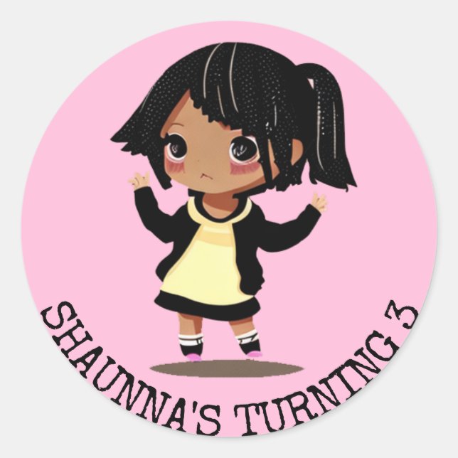 Personalized Little Cartoon Girl Pink Birthday Classic Round Sticker (Front)