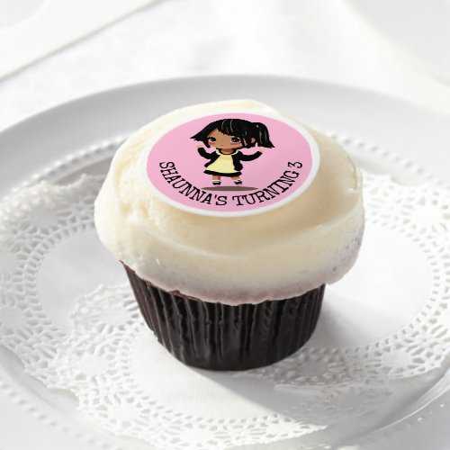 Personalized Little Cartoon Girl Pink Birthday Edible Frosting Rounds