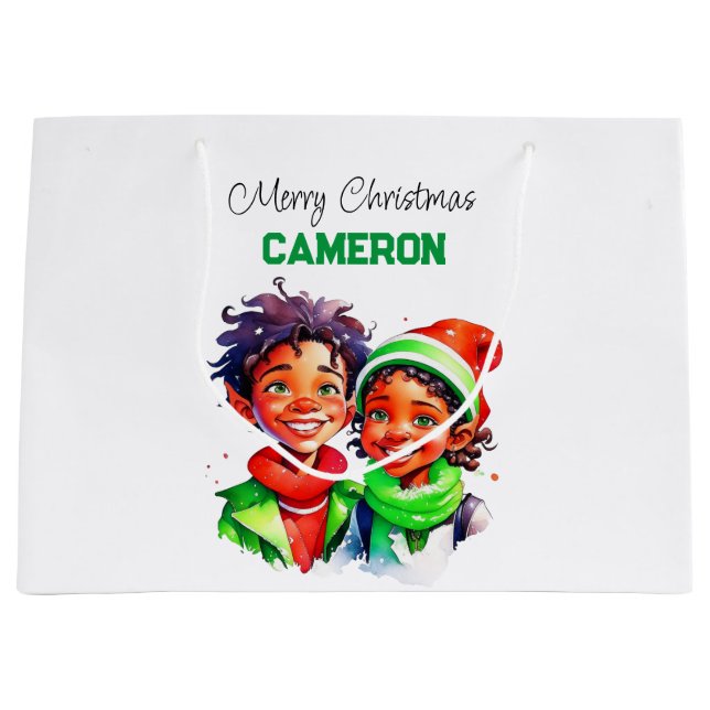 Personalized Little Elves Christmas Large Gift Bag (Front)