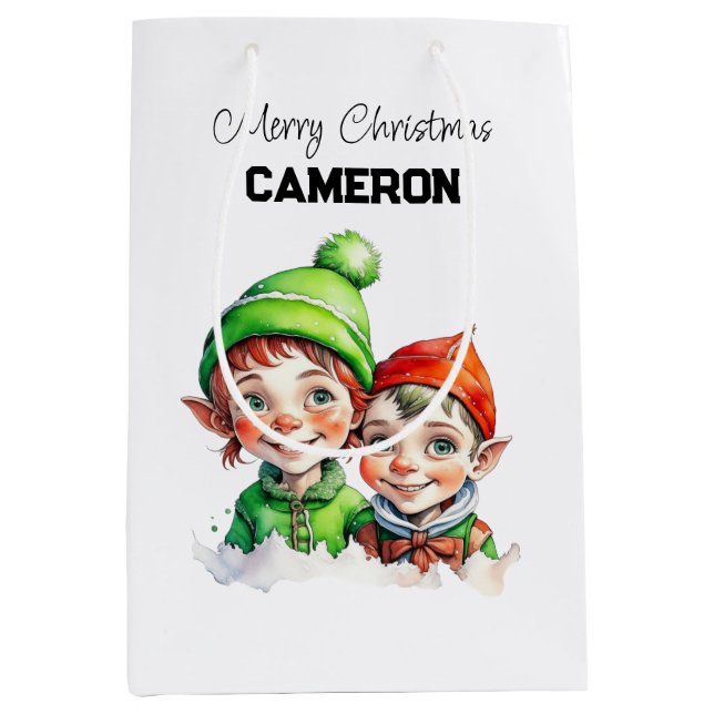 Personalized Little Elves Christmas Medium Gift Bag (Front)
