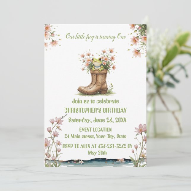 Personalized little frog 1st birthday party invitation (Standing Front)