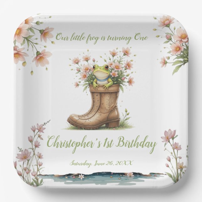 Personalized little frog Froggie 1st birthday Paper Plates (Front)