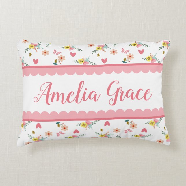 Personalized Little Girls Floral Butterfly Heart Accent Pillow (Front)