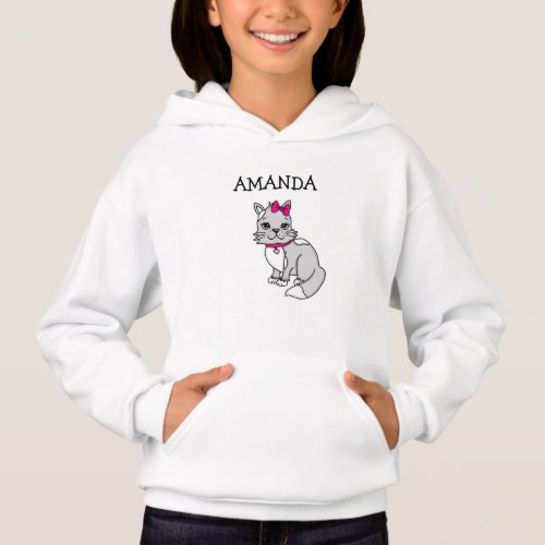 Personalized Little Girls Gray Kitten with Bow To Hoodie