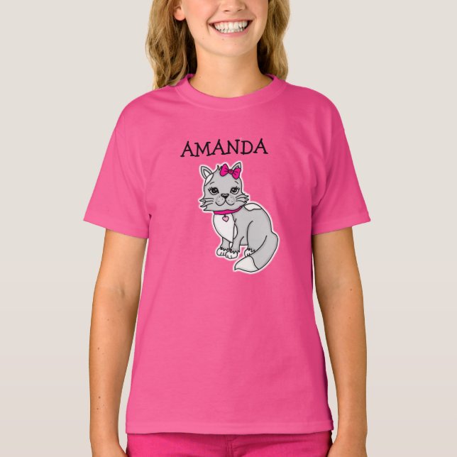 Personalized Little Girl's Gray Kitten with Bow To T-Shirt (Front)