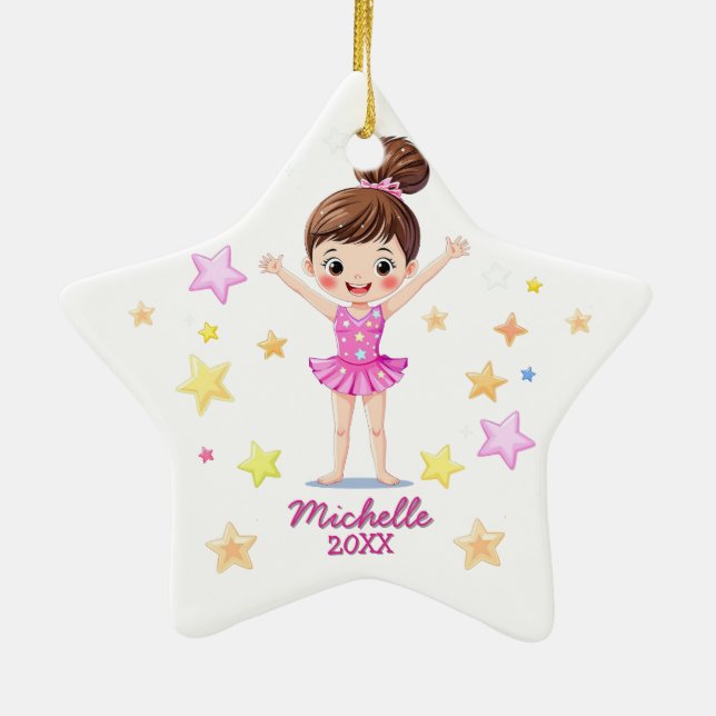 Personalized Little Gymnast Girl Christmas Pink Ceramic Ornament (Back)