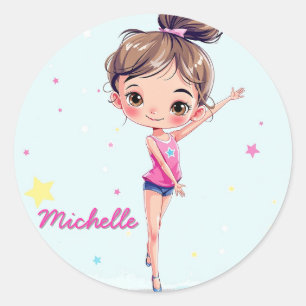 Personalized Little Gymnast Girl Christmas Pink Classic Round Sticker