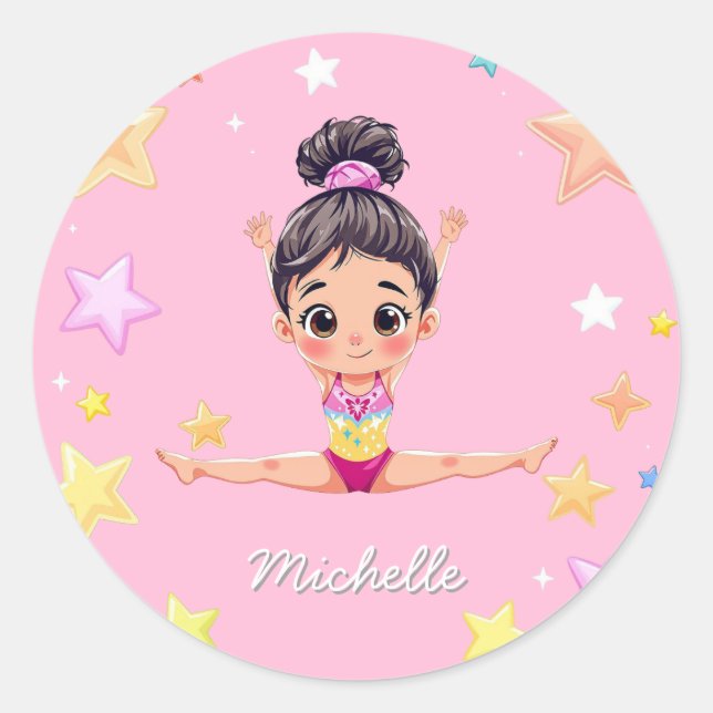  Personalized Little Gymnast Girl Christmas Pink   Classic Round Sticker (Front)
