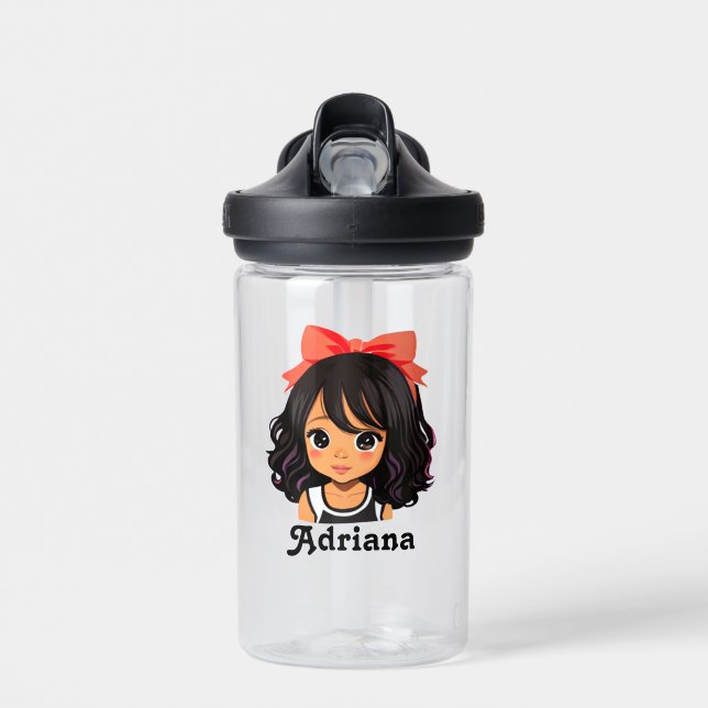 Personalized Little Hispanic Cartoon Girl Water Bottle (Front)