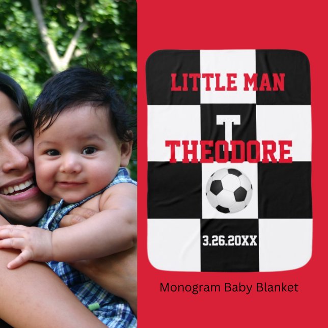 Personalized Little Man Red BlackSoccer Ball Boy's Baby Blanket (Creator Uploaded)