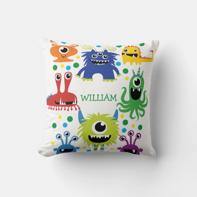 Personalized Little Monsters Cute Baby Boy Nursery Throw Pillow (Front)