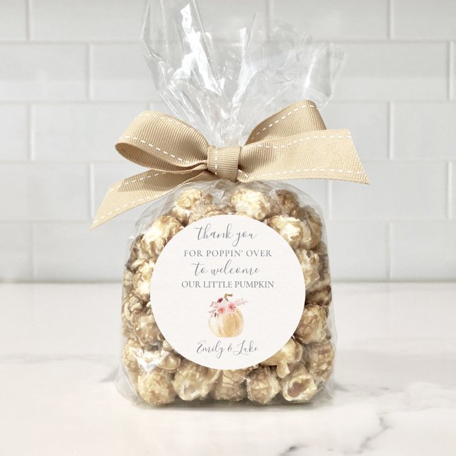 Personalized LITTLE PUMPKIN POPCORN FAVOR Classic Round Sticker (Creator Uploaded)
