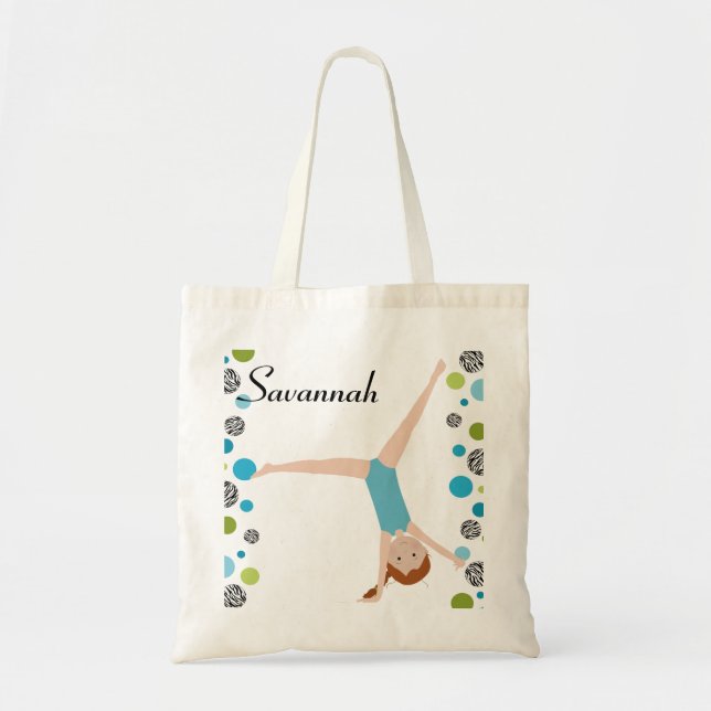 Personalized Little Red Hair Gymnast in Aqua Tote Bag (Front)