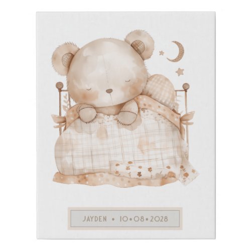 Personalized Little Sleeping Bear Nursery  Faux Canvas Print