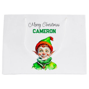 Personalized Little Vintage Boy Elf Christmas Large Gift Bag