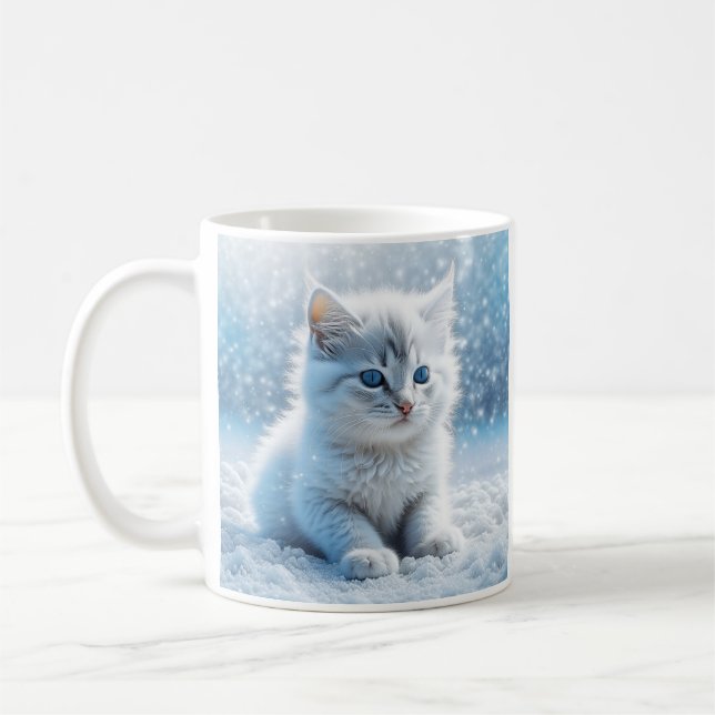 Personalized Little White Kitten in Snow Coffee Mug (Left)