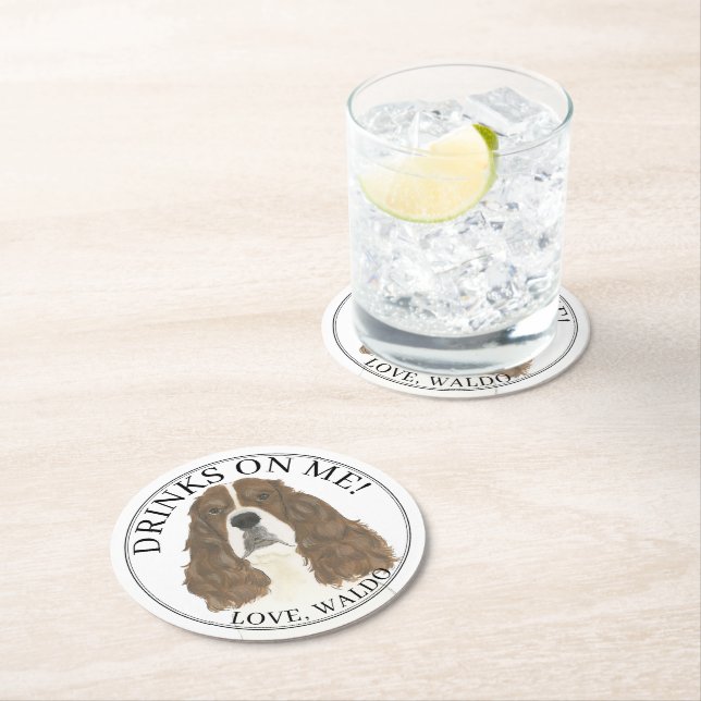 Personalized Liver White English Springer Spaniel  Round Paper Coaster (Insitu)
