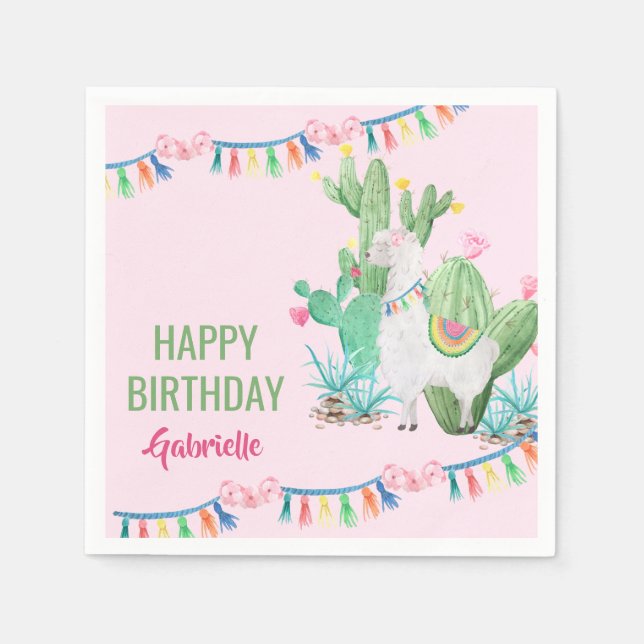 Personalized Llama and Cactus Girls Birthday Party Napkins (Front)
