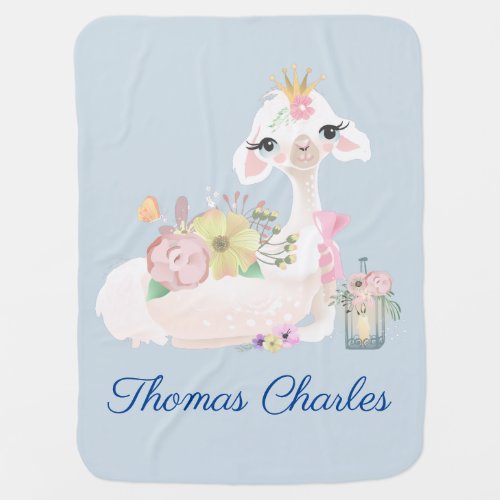 Personalized Llama Blue White Flowers Baby Blanket