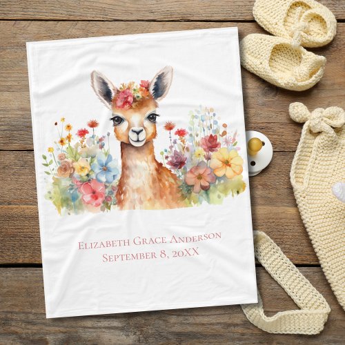 Personalized Llama Wildflowers Watercolor Baby Fleece Blanket