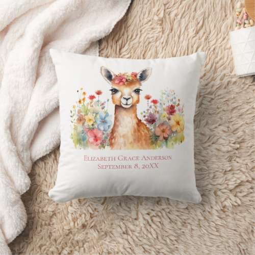Personalized Llama Wildflowers Watercolor Baby Throw Pillow