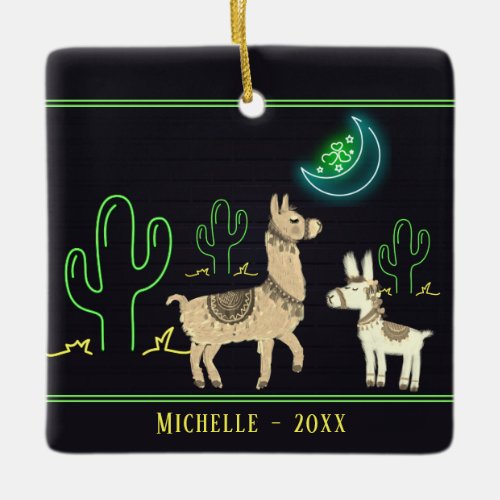 Personalized Llamas Neon Moon and Cacti Christmas Ceramic Ornament