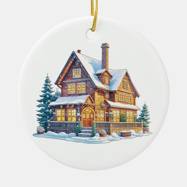 Personalized Log Cabin Christmas Ceramic Ornament (Front)